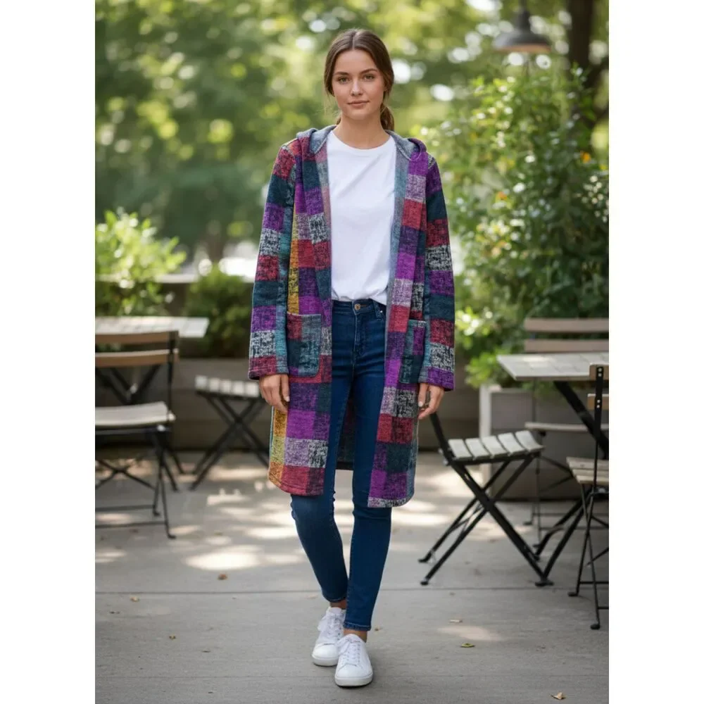 Bohemian Hooded Patchwork Trench Jacket XS Cozy Fleece - Picture 2 of 8